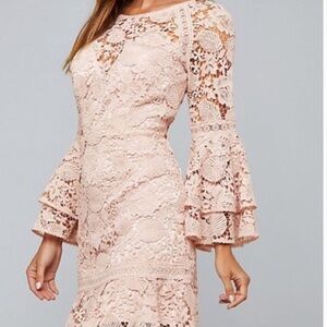 Bebe All Lace Open Back Dress in Misty Rose with Dramatic Ruffled Bell Sleeves 4